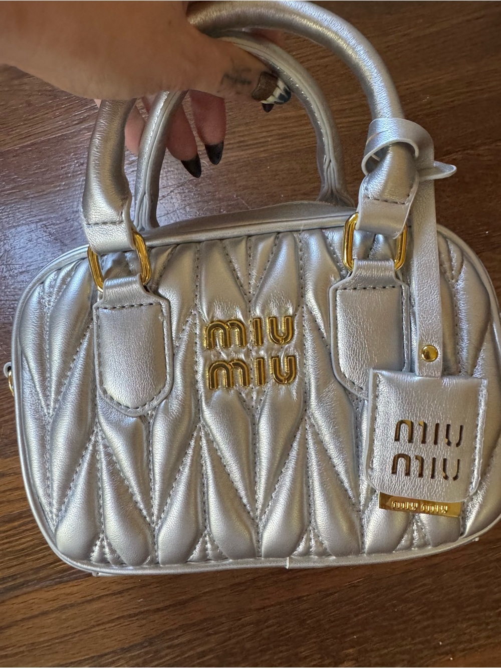 Miu Miu Inspired Silver Quilted Mini Top-Handle Bag with Gold Hardware